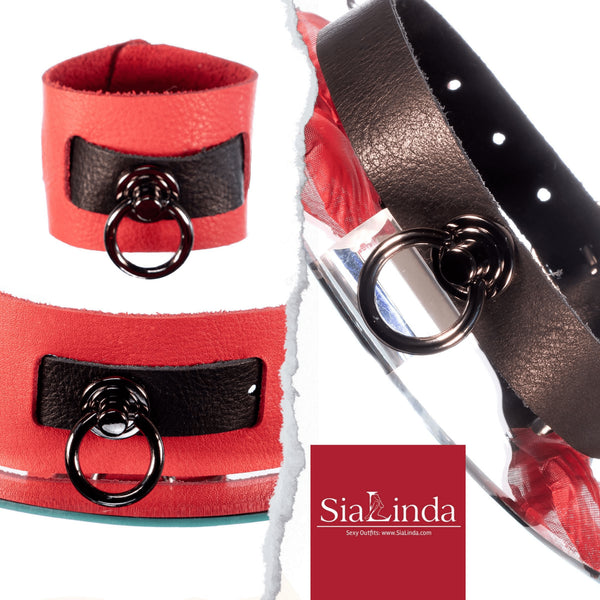 Sparset aus Arm - oder Fußfesseln rot - schwarz soft und passendem Halsband Softleder - SiaLinda.com